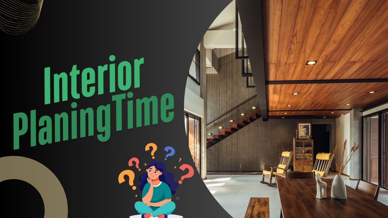 "A modern interior design with a wooden ceiling, stylish staircase, and elegant furniture. The image includes the text 'Interior Planing Time' with a questioning character illustration, symbolizing decision-making in interior planning."