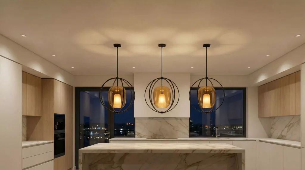 Modern Ceiling with Statement Pendant Lighting Over Island